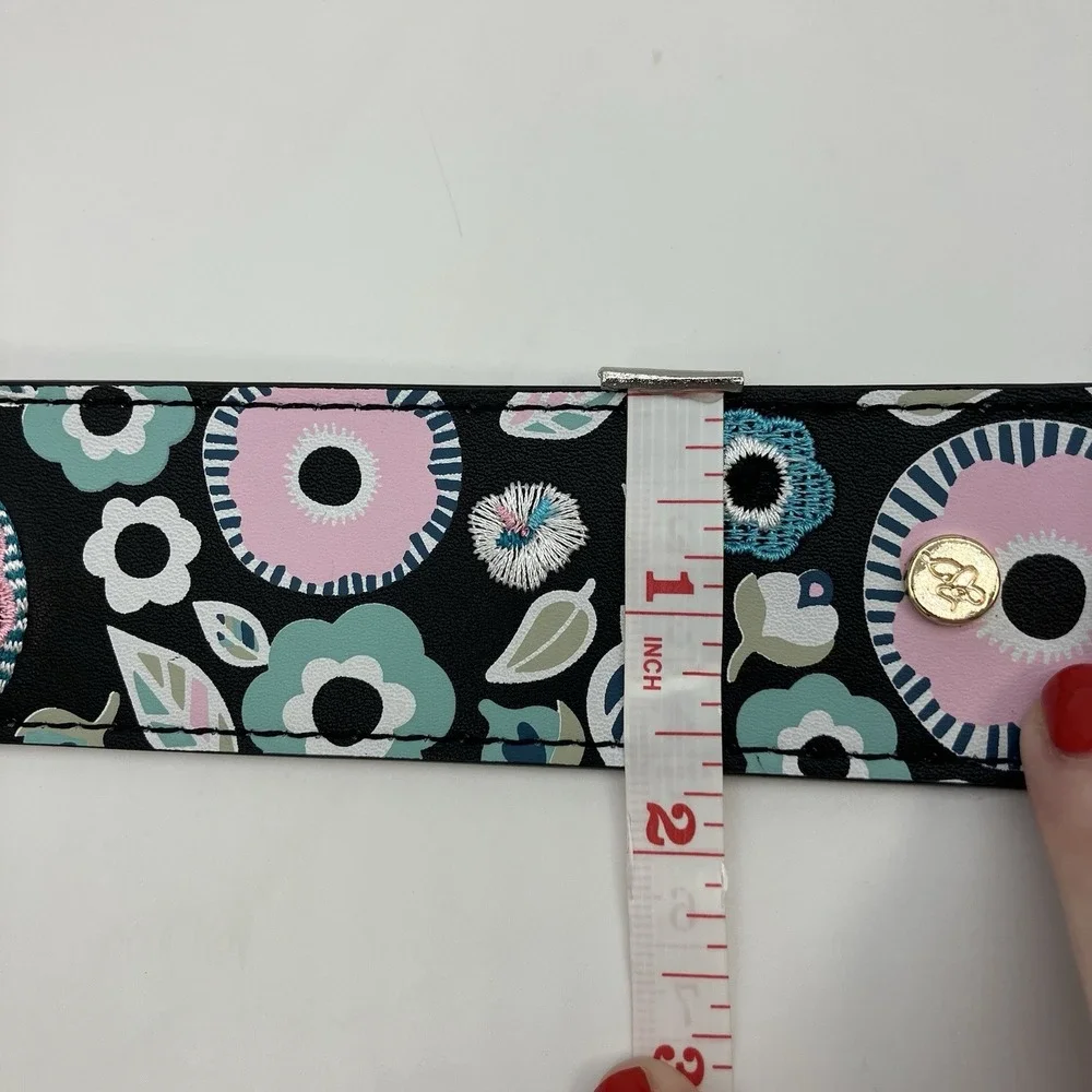Floral Faux Leather Belt‎ M Black Pink Aqua Boho Fairy Dopamine Festival Coastal